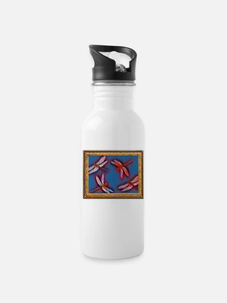 Kunstdruck Art Bilderrahmen Libellen - Trinkflasche mit integriertem Trinkhalm - Weiß