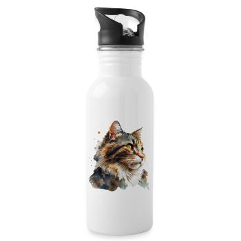 Watercolor portrait of a fluffy red cat - Water bottle with straw - white - Right