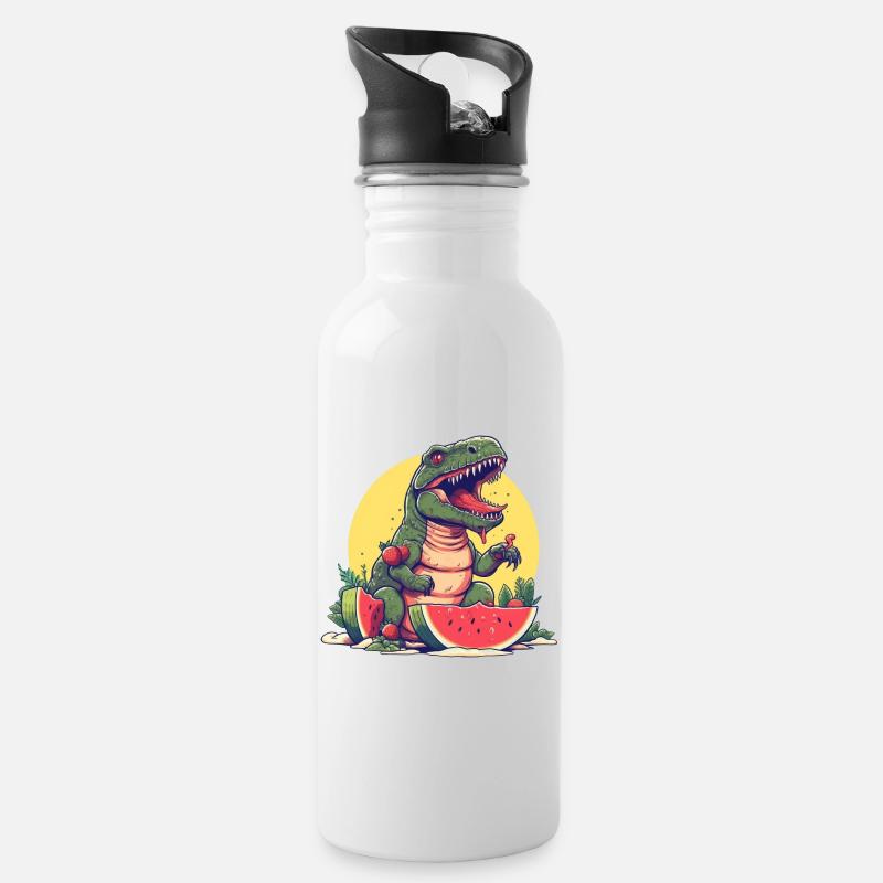 Dino T-Rex mit Melone und Erdbeere - Sunset Design - Trinkflasche mit integriertem Trinkhalm - Weiß