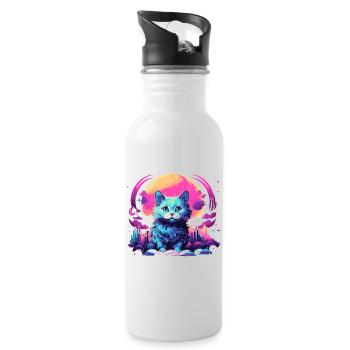 Mond Katze T-Shirt Neon Vaporwave Süß - Trinkflasche mit integriertem Trinkhalm - Weiß - Rechts