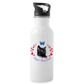 Chat Noir « Peace Love Cats » avec Papillon - Gourde avec paille intégrée - blanc - Droite