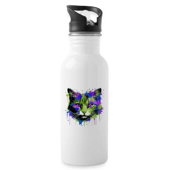 Katze Kopf Porträt Bunt - Trinkflasche mit integriertem Trinkhalm - Weiß - Rechts