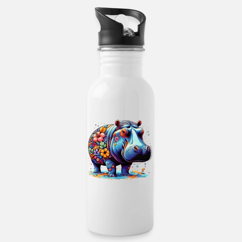 Nilpferd - Trinkflasche mit integriertem Trinkhalm - Weiß