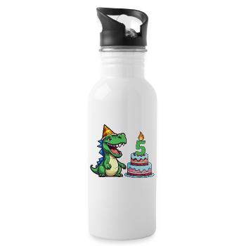 Kindergeburtstag Dino T-Rex 5 Jahre alt Geschenk - Trinkflasche mit integriertem Trinkhalm - Weiß - Rechts