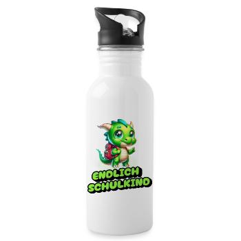 Endlich Schulkind - kleiner Drache zur Einschulung - Trinkflasche mit integriertem Trinkhalm - Weiß - Rechts