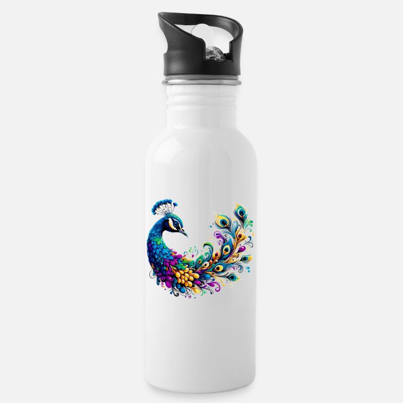 Pfau - Trinkflasche mit integriertem Trinkhalm - Weiß