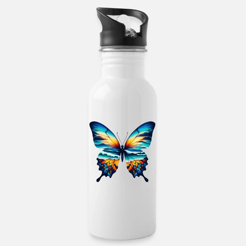 Schmetterling - Trinkflasche mit integriertem Trinkhalm - Weiß