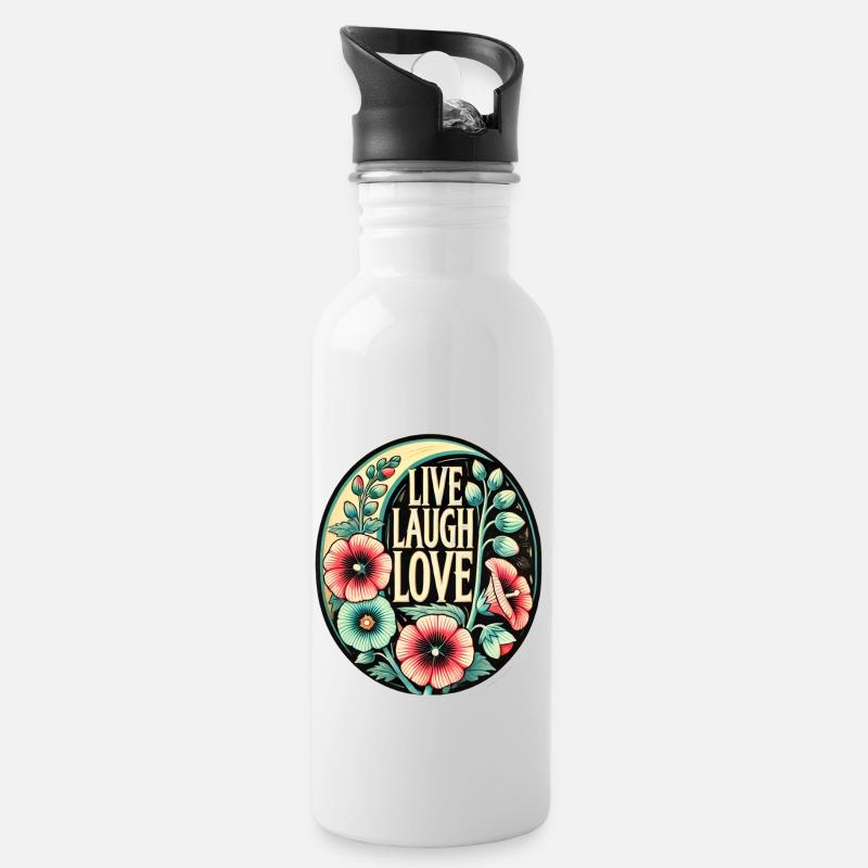 Lebe Lachen, Liebe - Trinkflasche mit integriertem Trinkhalm - Weiß