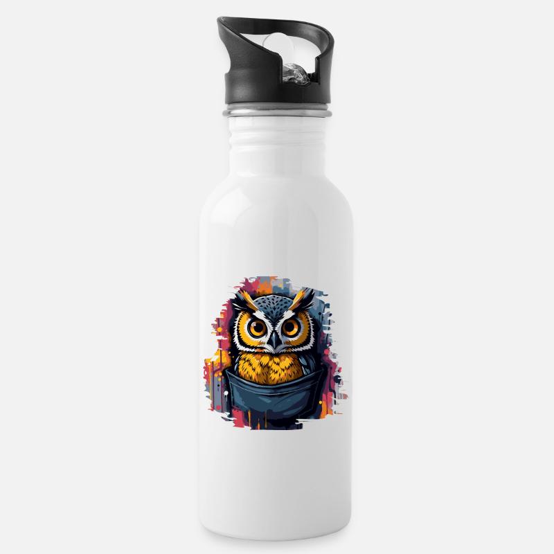 Eule grunge - Trinkflasche mit integriertem Trinkhalm - Weiß