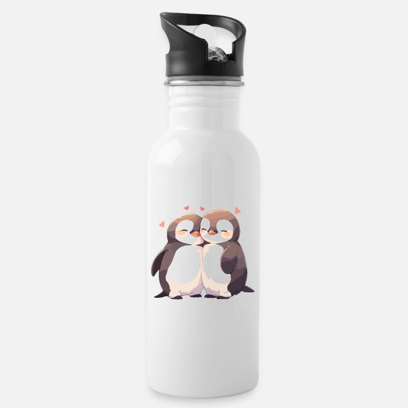 Pinguin Herz Liebe Süß Umarmung Pinguinliebe - Trinkflasche mit integriertem Trinkhalm - Weiß