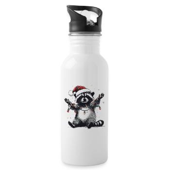 Waschbär mit Weihnachtsmütze und Lichterkette - Trinkflasche mit integriertem Trinkhalm - Weiß - Rechts