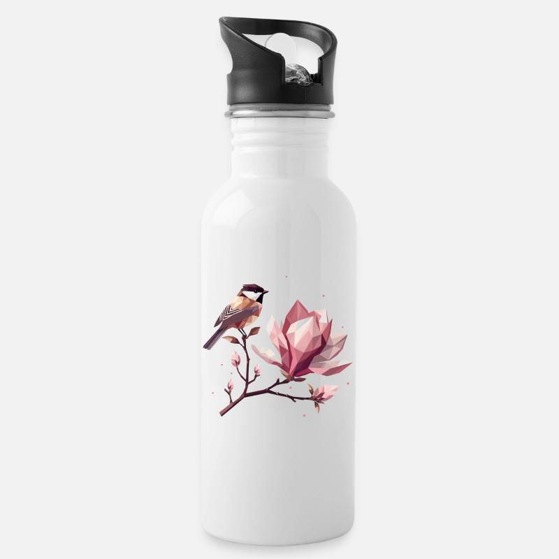 Vogel auf Magnolienzweig – Harmonische Komposition - Trinkflasche mit integriertem Trinkhalm - Weiß