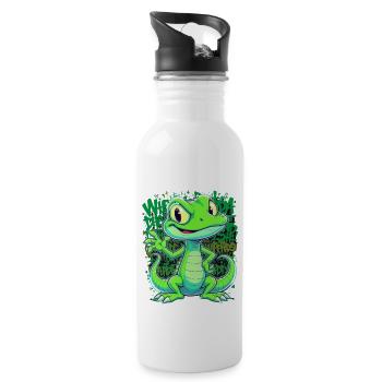 Fröhliche Echse – Witziger Comic Style - Trinkflasche mit integriertem Trinkhalm - Weiß - Rechts