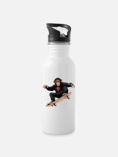 Affe Skateboard - Trinkflasche mit integriertem Trinkhalm - Weiß