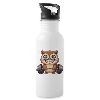 Starke Eule mit Hantel Fitness Workout Cartoon - Trinkflasche mit integriertem Trinkhalm - Weiß - Rechts