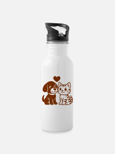 Niedlicher Hund und süße getigerte Katze mit Herz - Trinkflasche mit integriertem Trinkhalm - Weiß