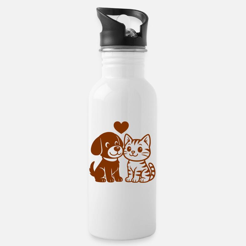 Niedlicher Hund und süße getigerte Katze mit Herz - Trinkflasche mit integriertem Trinkhalm - Weiß