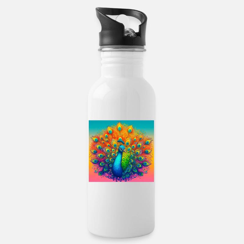 Pfau - Trinkflasche mit integriertem Trinkhalm - Weiß