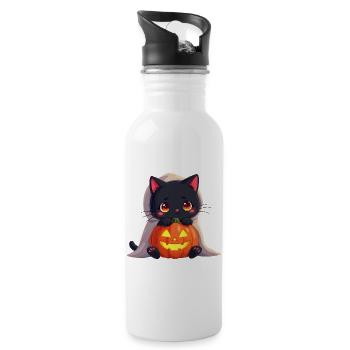 Halloween Katze mit Halloween Kürbis - Trinkflasche mit integriertem Trinkhalm - Weiß - Rechts