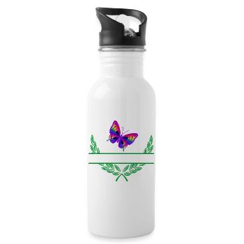 Butterfly Laurel Wreath with Namespace - Water bottle with straw - white - Right