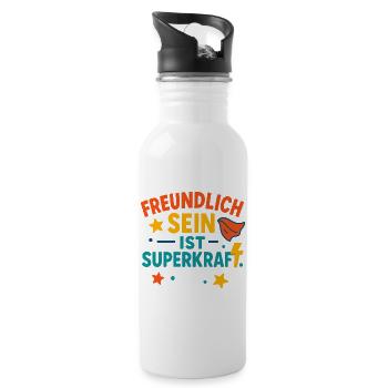 Freundlich Sein Superkraft, nettes Mutmacher Shirt - Trinkflasche mit integriertem Trinkhalm - Weiß - Rechts