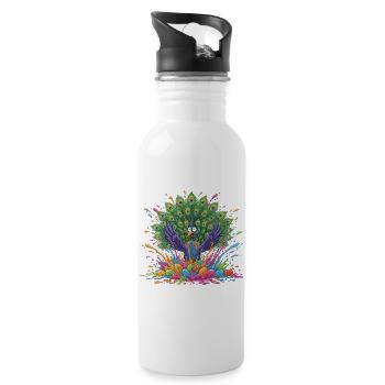 Pfau mit Farbschleuder-Panorama - Trinkflasche mit integriertem Trinkhalm - Weiß - Rechts