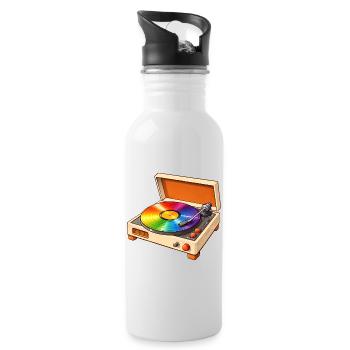 Retro Plattenspieler mit Regenbogen Schallplatte - Trinkflasche mit integriertem Trinkhalm - Weiß - Rechts