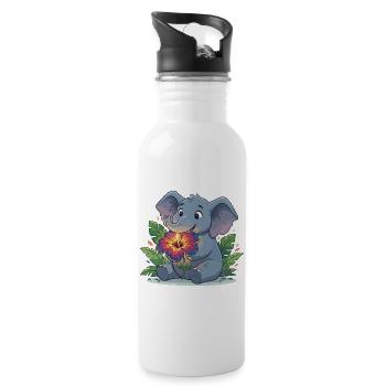 Elefant mit Hibiskusblüte - Trinkflasche mit integriertem Trinkhalm - Weiß - Rechts