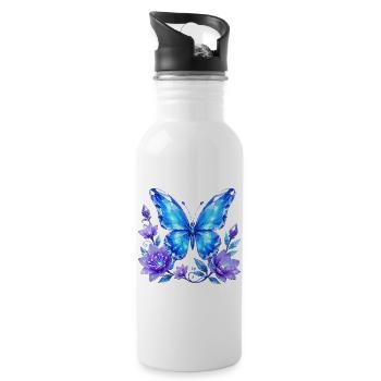 Blue Crystal Butterfly with Flowers - Water bottle with straw - white - Right