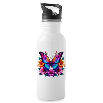 Bunter Schmetterling mit Blumen - Trinkflasche mit integriertem Trinkhalm - Weiß - Rechts