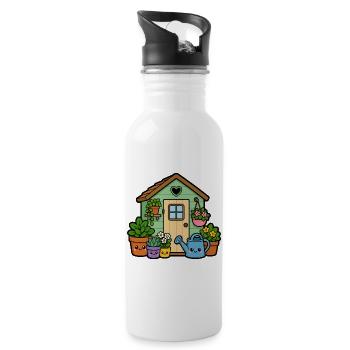 Kleines Gartenhäuschen mit Pflanzen - Trinkflasche mit integriertem Trinkhalm - Weiß - Rechts