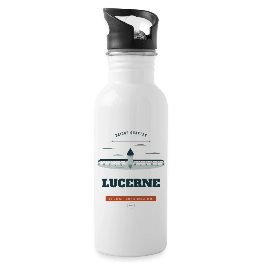 Lucerne badge on a water bottle with straw, white