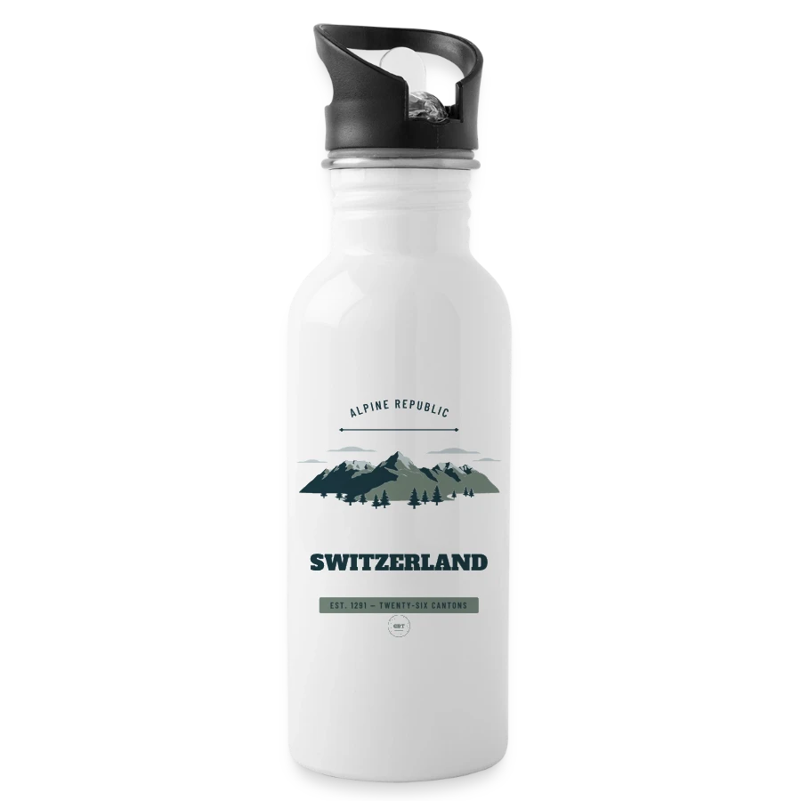 Switzerland badge on a water bottle with straw, white