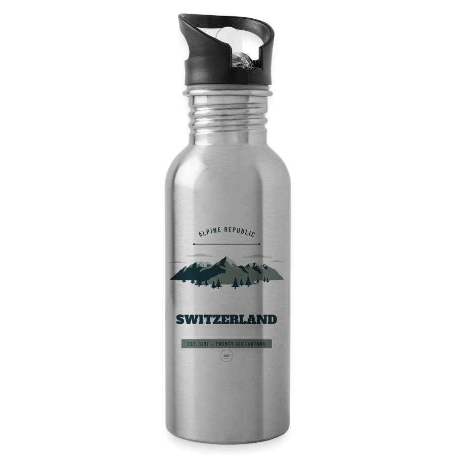 Switzerland badge on a water bottle with straw, silver