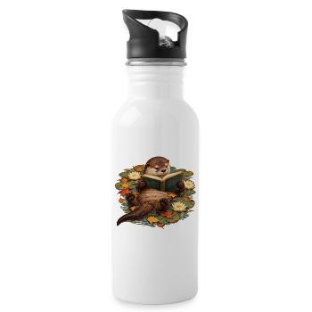 Otter liest im Herbstteich - Trinkflasche mit integriertem Trinkhalm - Weiß - Rechts