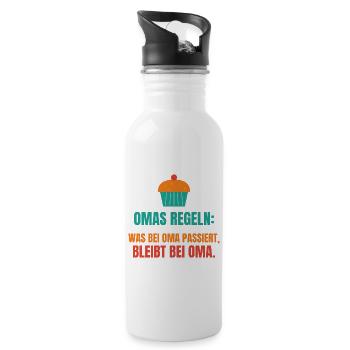 Omas Regeln: Was bei Oma passiert, bleibt bei Oma - Trinkflasche mit integriertem Trinkhalm - Weiß - Rechts