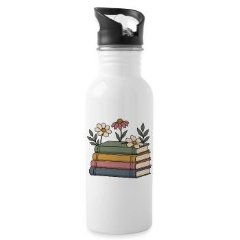 Bücher und Wildblumen - Trinkflasche mit integriertem Trinkhalm - Weiß - Rechts