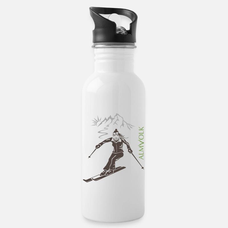 ALMVOLK Skifahrerin - Trinkflasche mit integriertem Trinkhalm - Weiß
