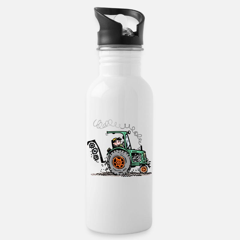 Grüner Traktor Cartoon - Trinkflasche mit integriertem Trinkhalm - Weiß