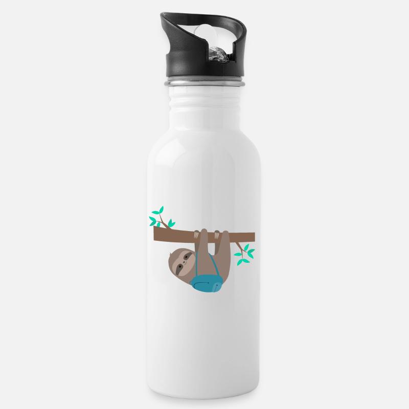 Faultier mit Rucksack - Trinkflasche mit integriertem Trinkhalm - Weiß