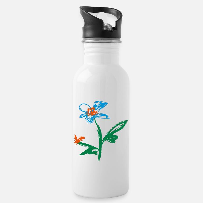 Blume und Schmetterling - Trinkflasche mit integriertem Trinkhalm - Weiß