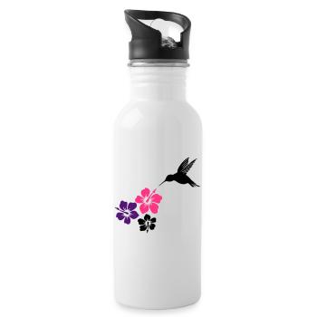 Hummingbird, colibri with hibiscus flowers. - Water bottle with straw - white - Right
