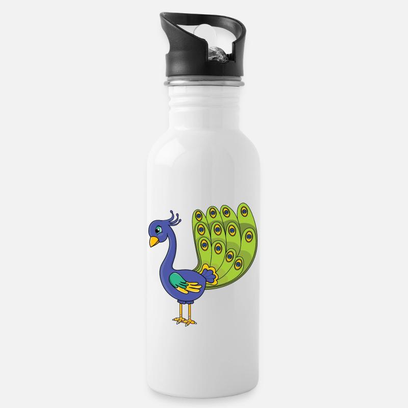 Pfau - Trinkflasche mit integriertem Trinkhalm - Weiß