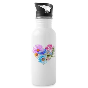 Herz aus Blumen | Geschenk Valentinstag - Trinkflasche mit integriertem Trinkhalm - Weiß - Rechts
