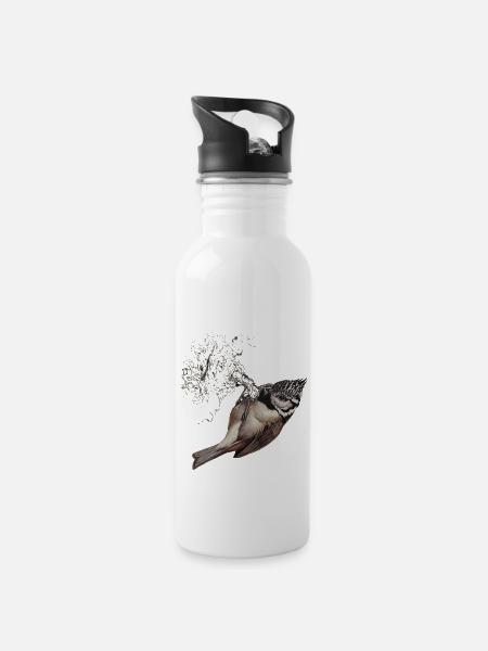 Haubenmeise Zeichnung - Trinkflasche mit integriertem Trinkhalm - Weiß
