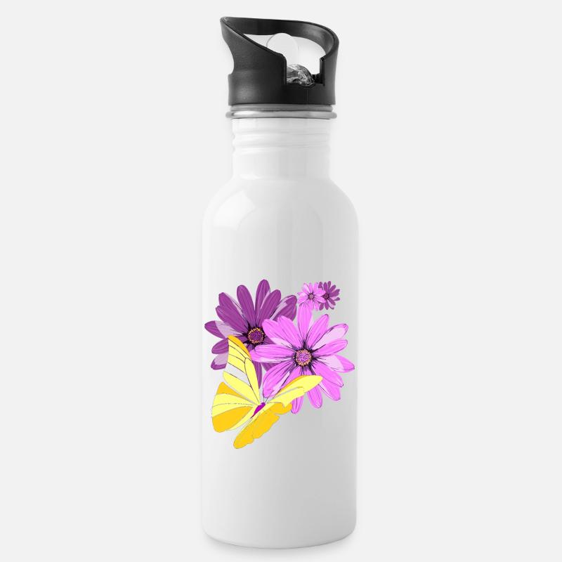 Schmetterling an Blüten - Trinkflasche mit integriertem Trinkhalm - Weiß