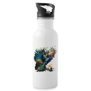 Colorful peacock drinks beer - Water bottle with straw - white - Right