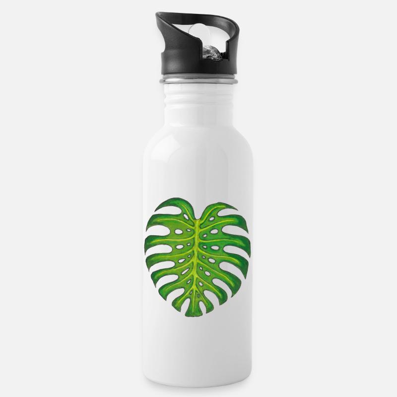 Monstera / Blatt - Trinkflasche mit integriertem Trinkhalm - Weiß