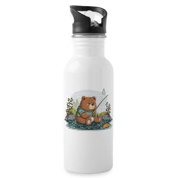 Fischender Bär - Trinkflasche mit integriertem Trinkhalm - Weiß - Rechts