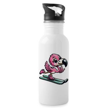 Flamingoski - Comic Skifahrer Urlaub - Trinkflasche mit integriertem Trinkhalm - Weiß - Rechts